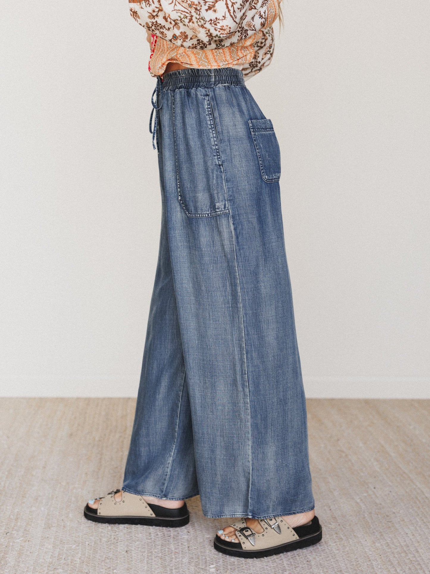 Casual Step Wide Leg Pants - Dark Denim