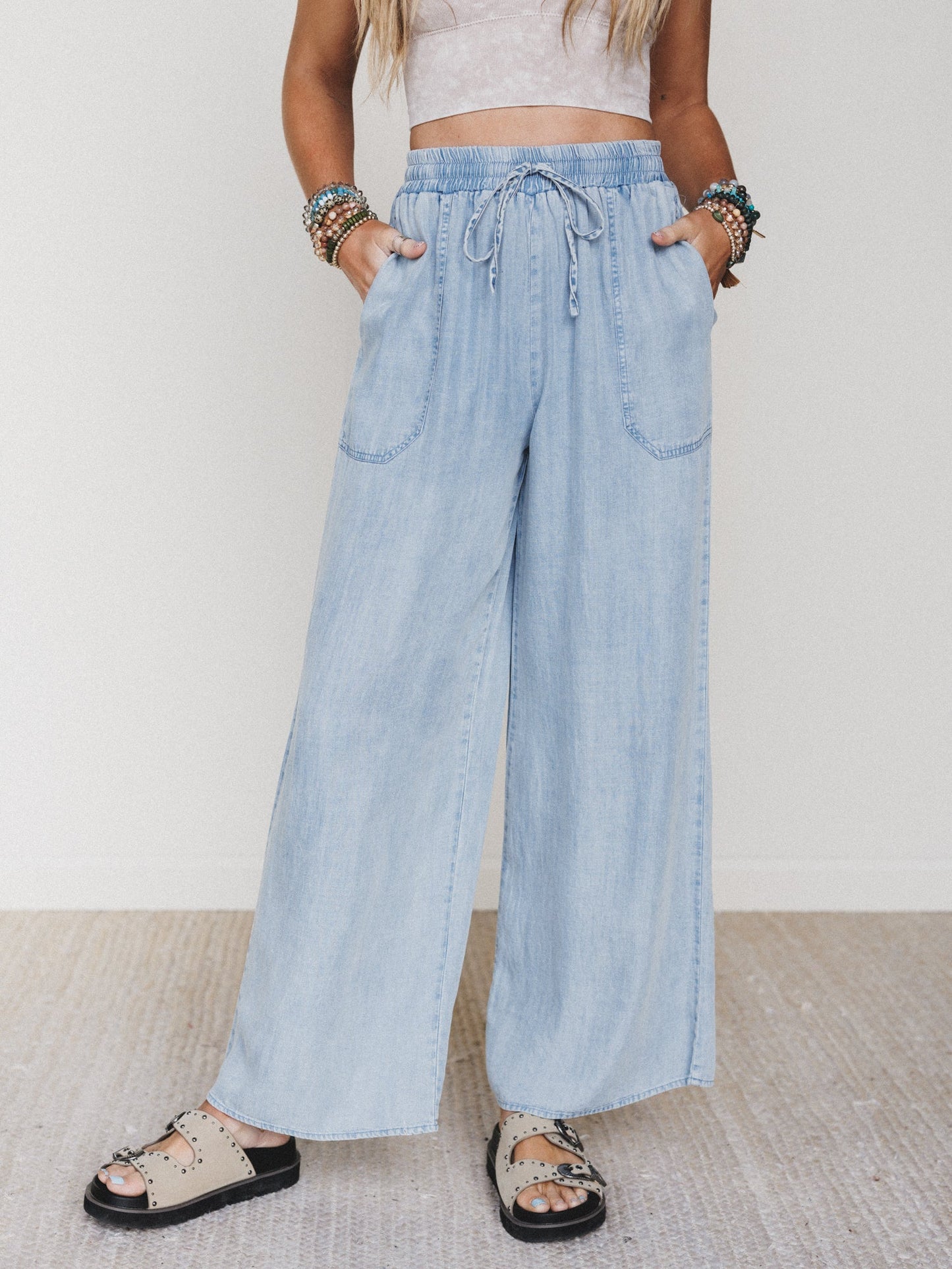 Casual Step Wide Leg Pants - Light Denim