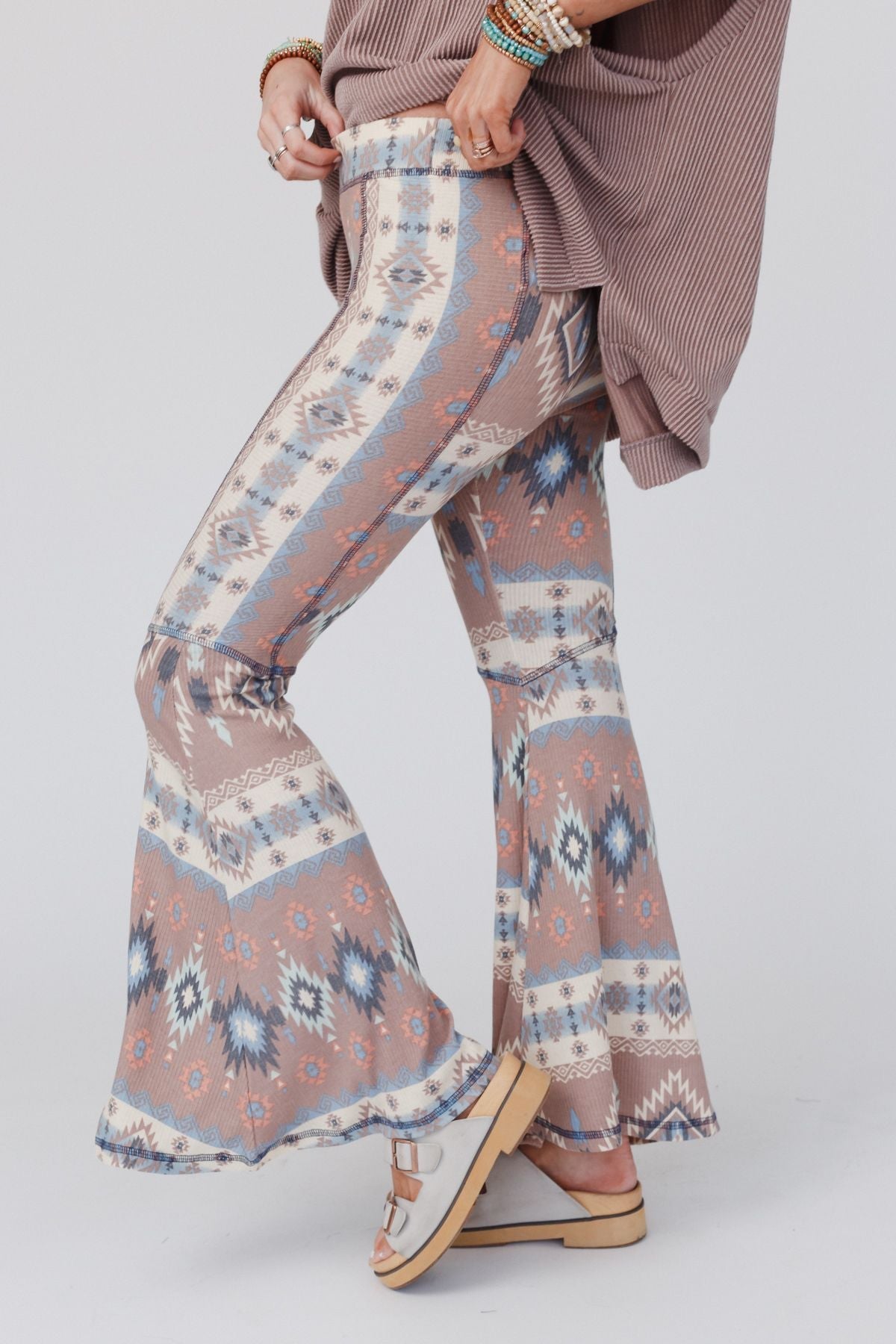 The Nest Boho Bliss Ribbed Flare Pants - Taupe