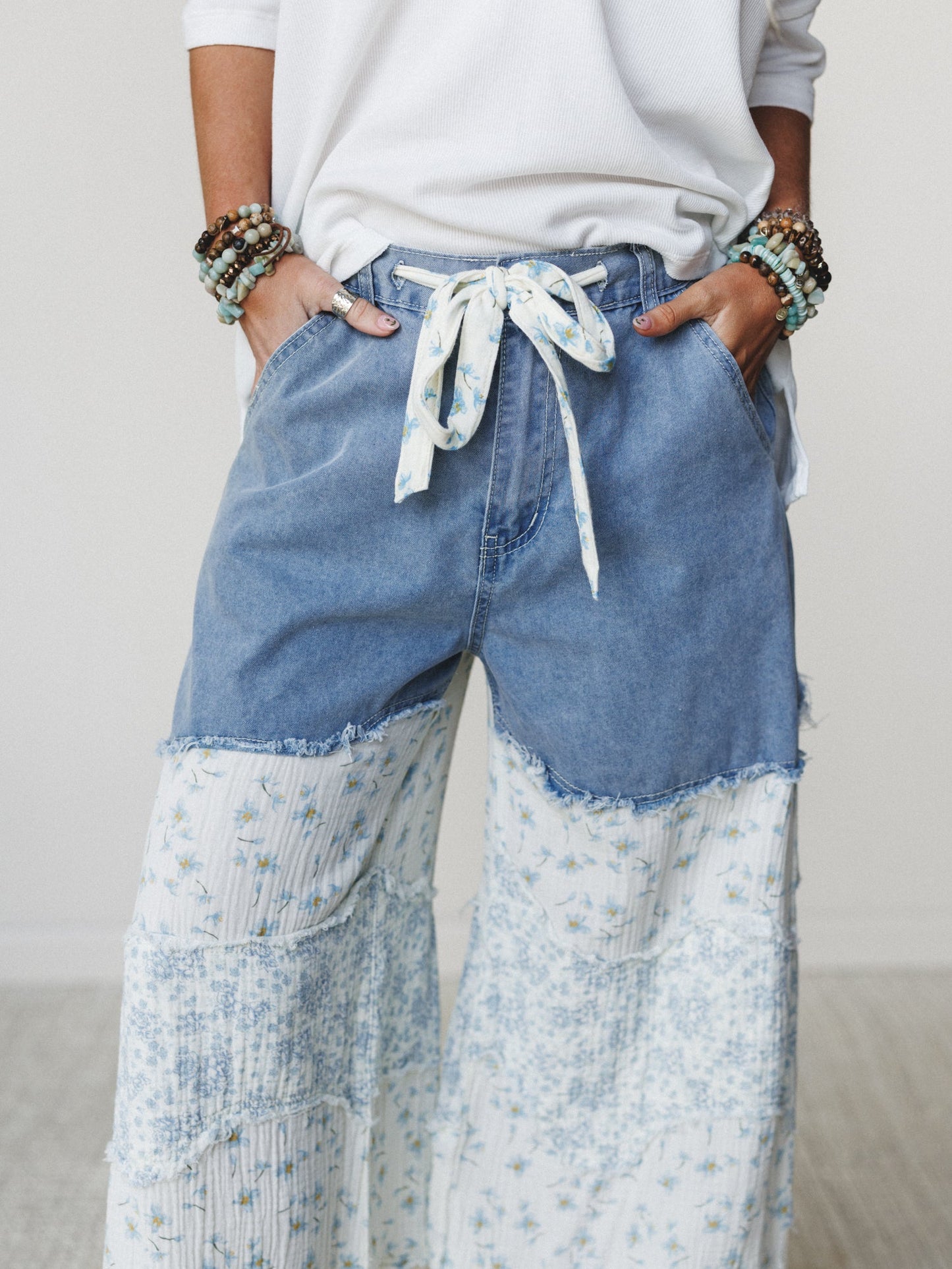 Camo Meets Plaid Wide Leg Pants - Light Denim Multi