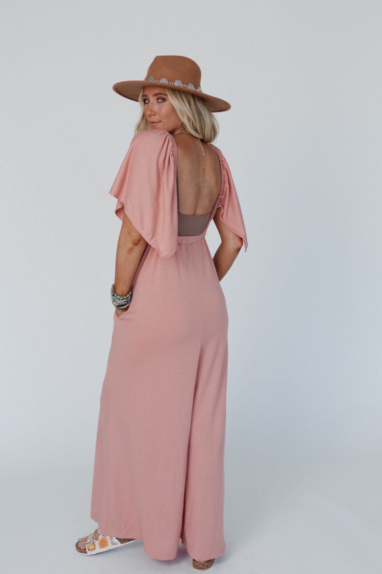 The Nest On Repeat Open Back Ruffle Jumpsuit - Shadow Blush