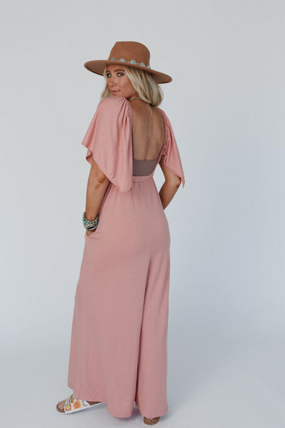 The Nest On Repeat Open Back Ruffle Jumpsuit - Shadow Blush