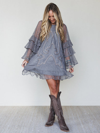Rana Bell Lace Sleeve Dress - Grey