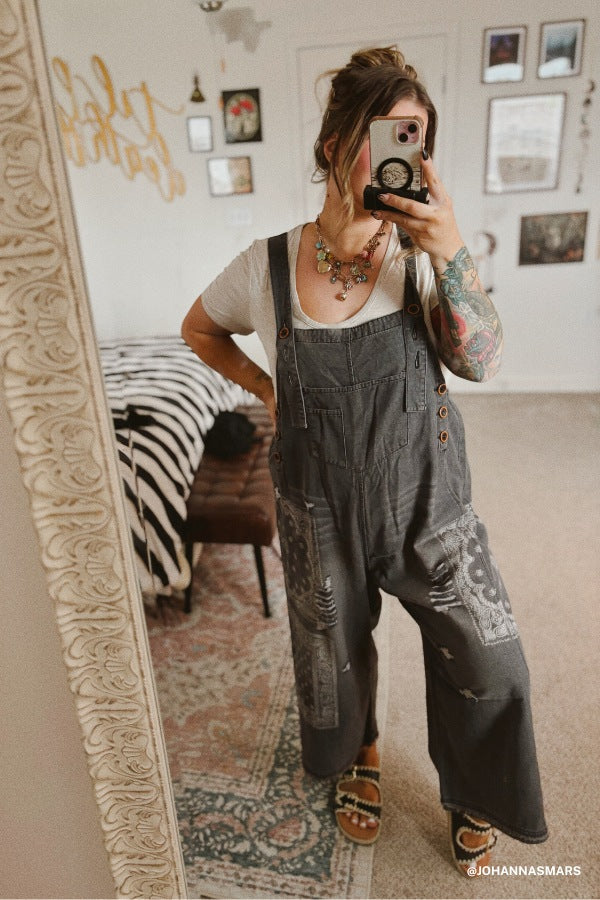 High Hopes Slouchy Denim Overalls - Black Bandana