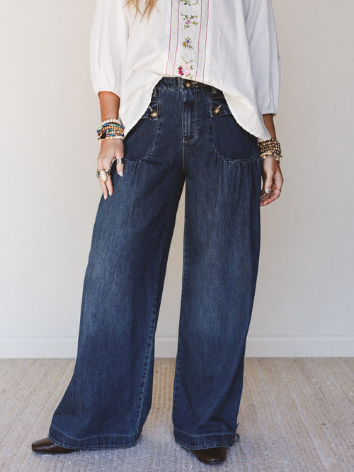Let's Jet Set Wide Leg Jeans - Dark Denim