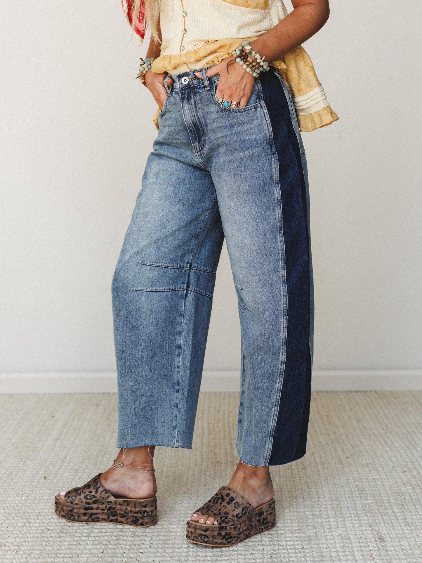 Two Tone Wide Leg Barrel Jeans - Denim