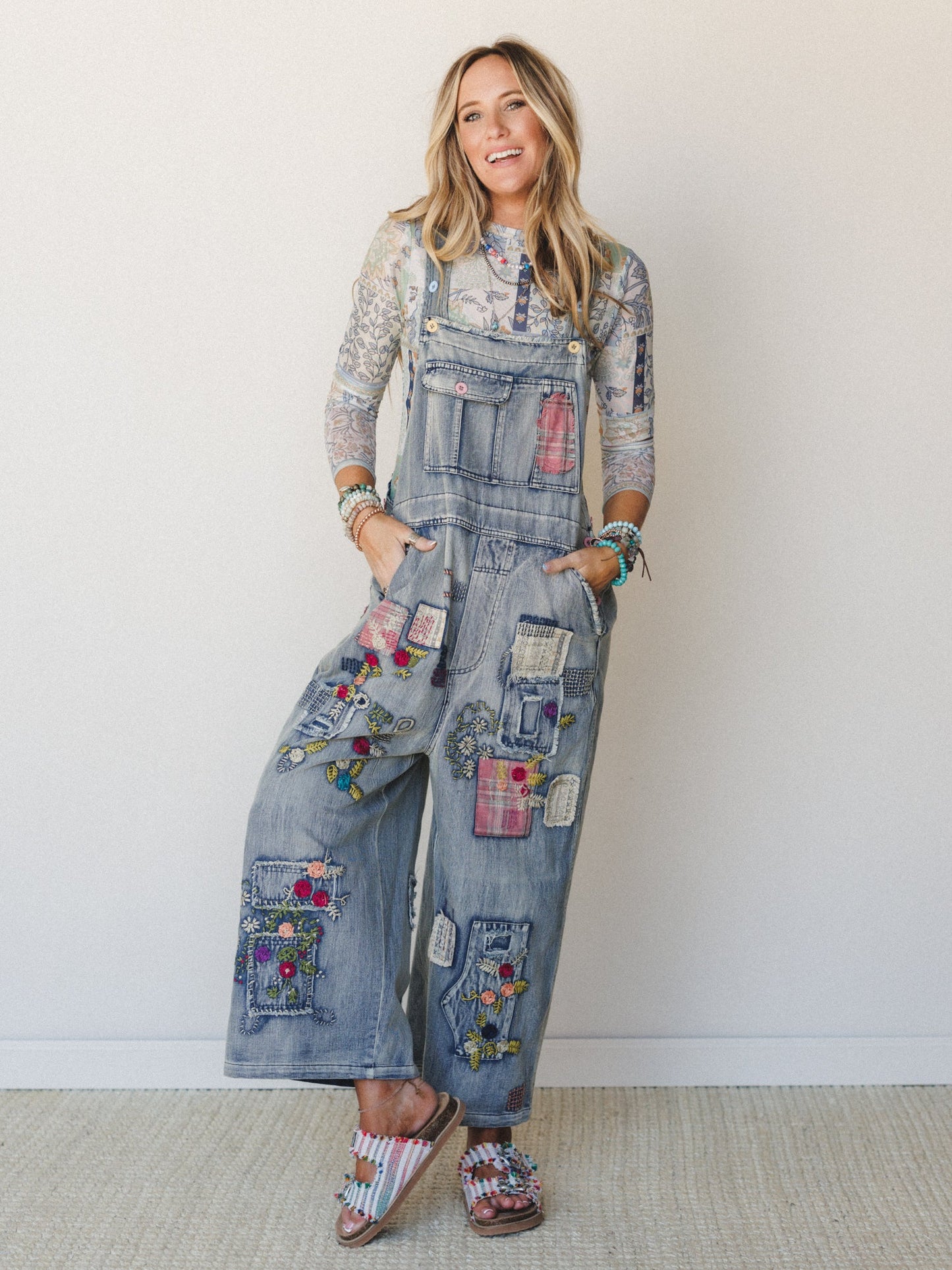 Perfectly Patched Denim Overalls - Washed Denim