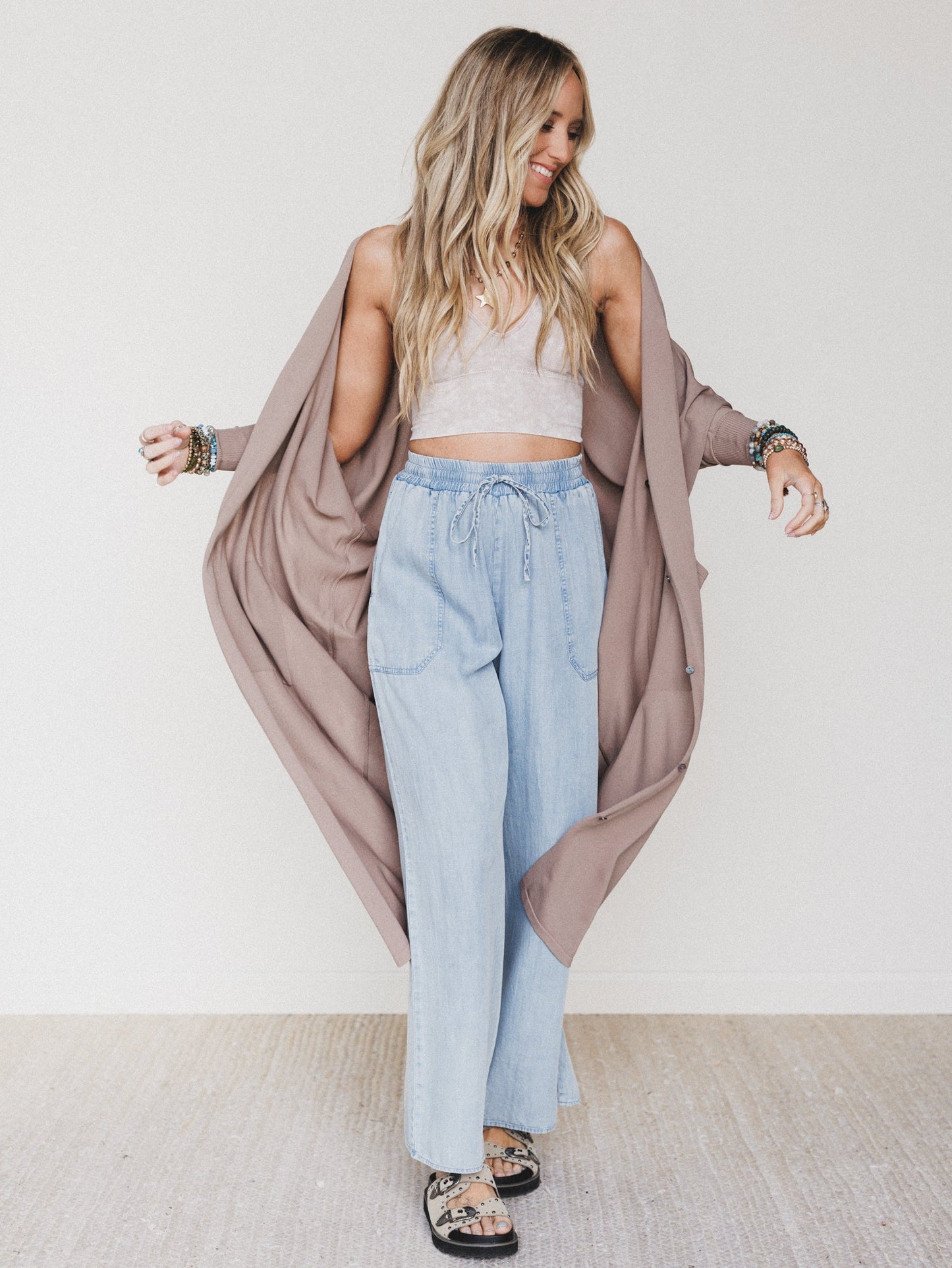 Casual Step Wide Leg Pants  - Light Denim
