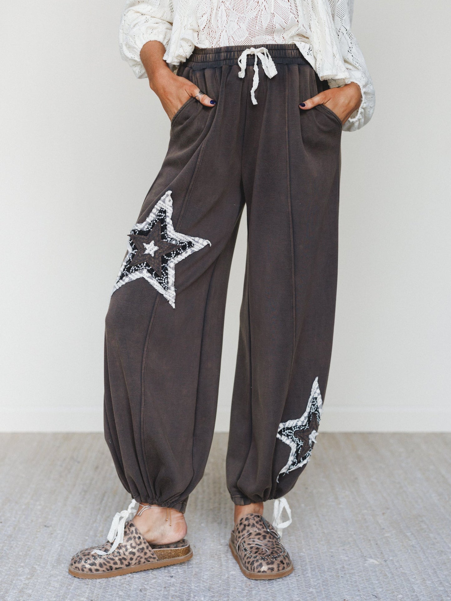 The Nest Bobbie Patchwork Convertible Wide Leg Pant - Charcoal