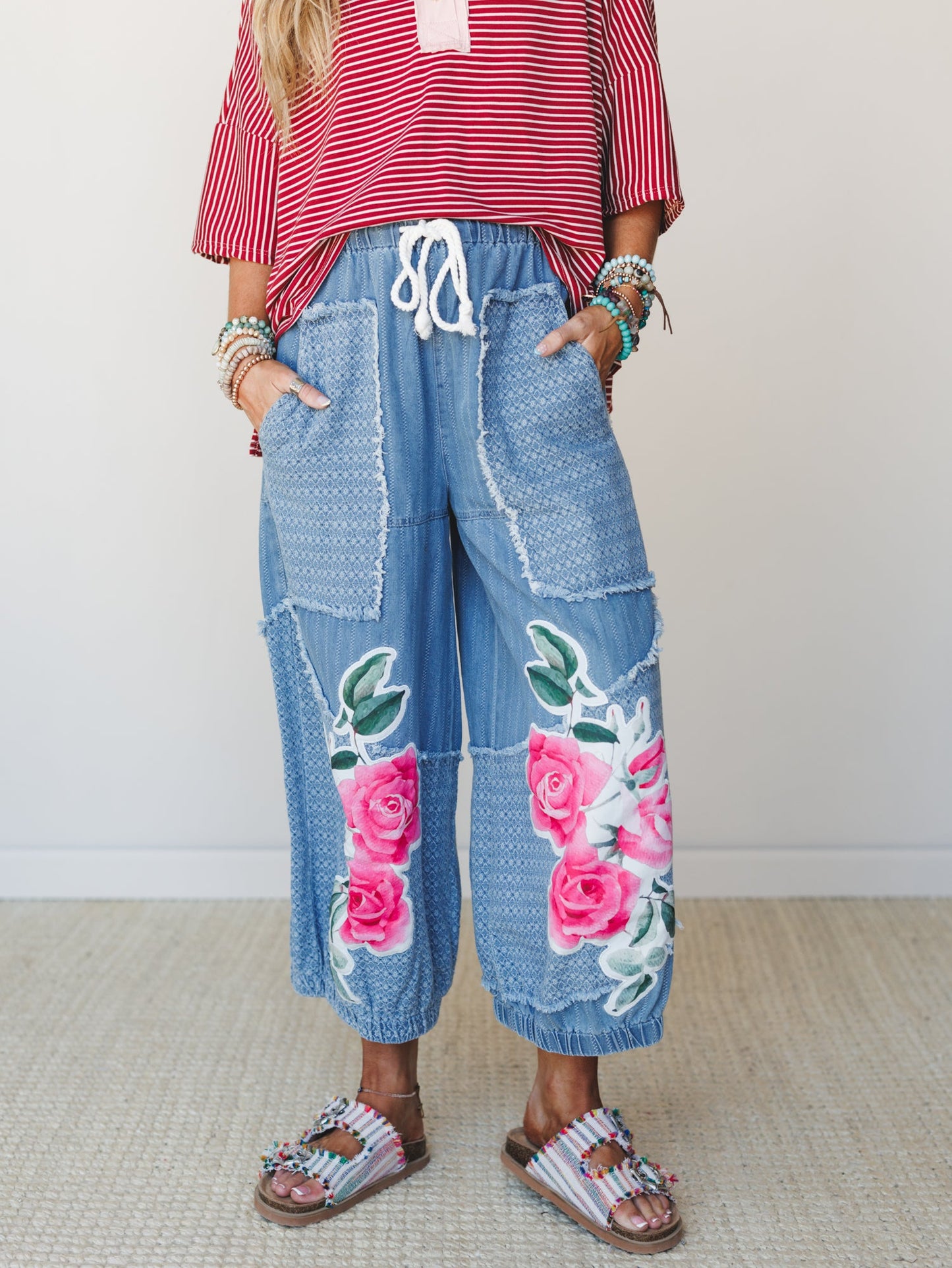 Floral and Lace Pants - Light Denim Multi