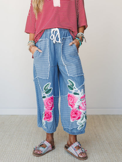 Floral and Lace Pants - Light Denim Multi