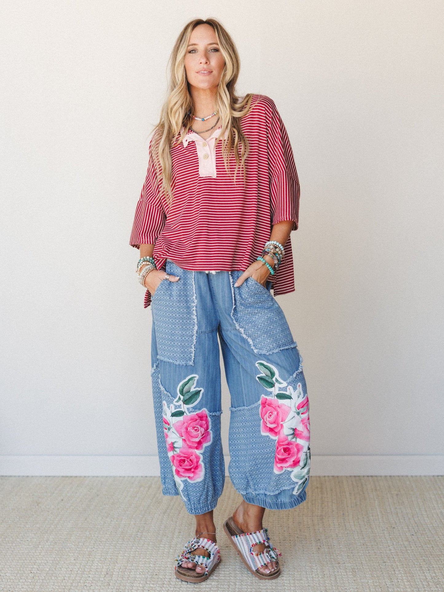 Floral and Lace Pants - Light Denim Multi