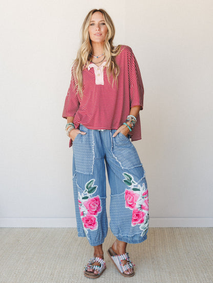 Floral and Lace Pants - Light Denim Multi