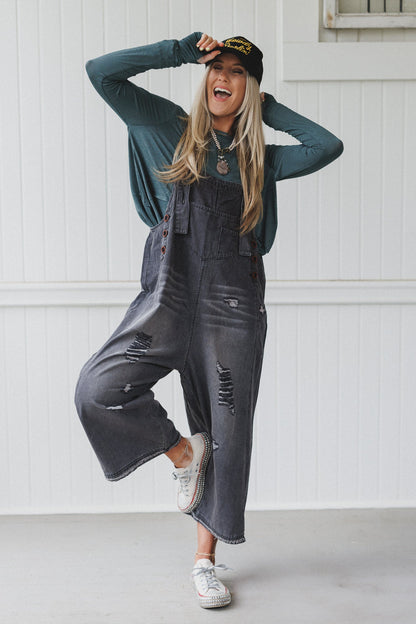 High Hopes Slouchy Denim Overalls - Black