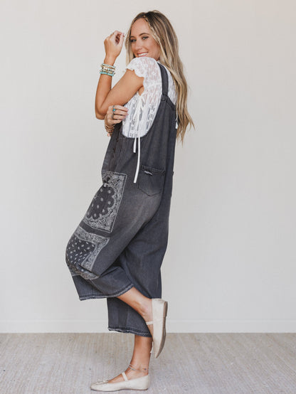 High Hopes Slouchy Denim Overalls - Black Bandana