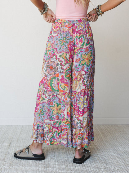 Floral Swirl Ruffled Pants - Grape Mist