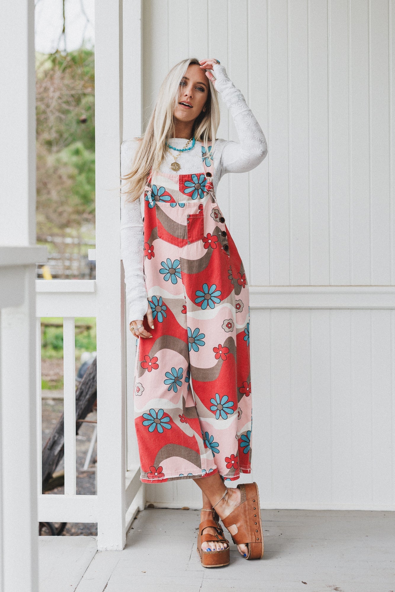 High Hopes Slouchy Denim Overalls - Mocha Flower