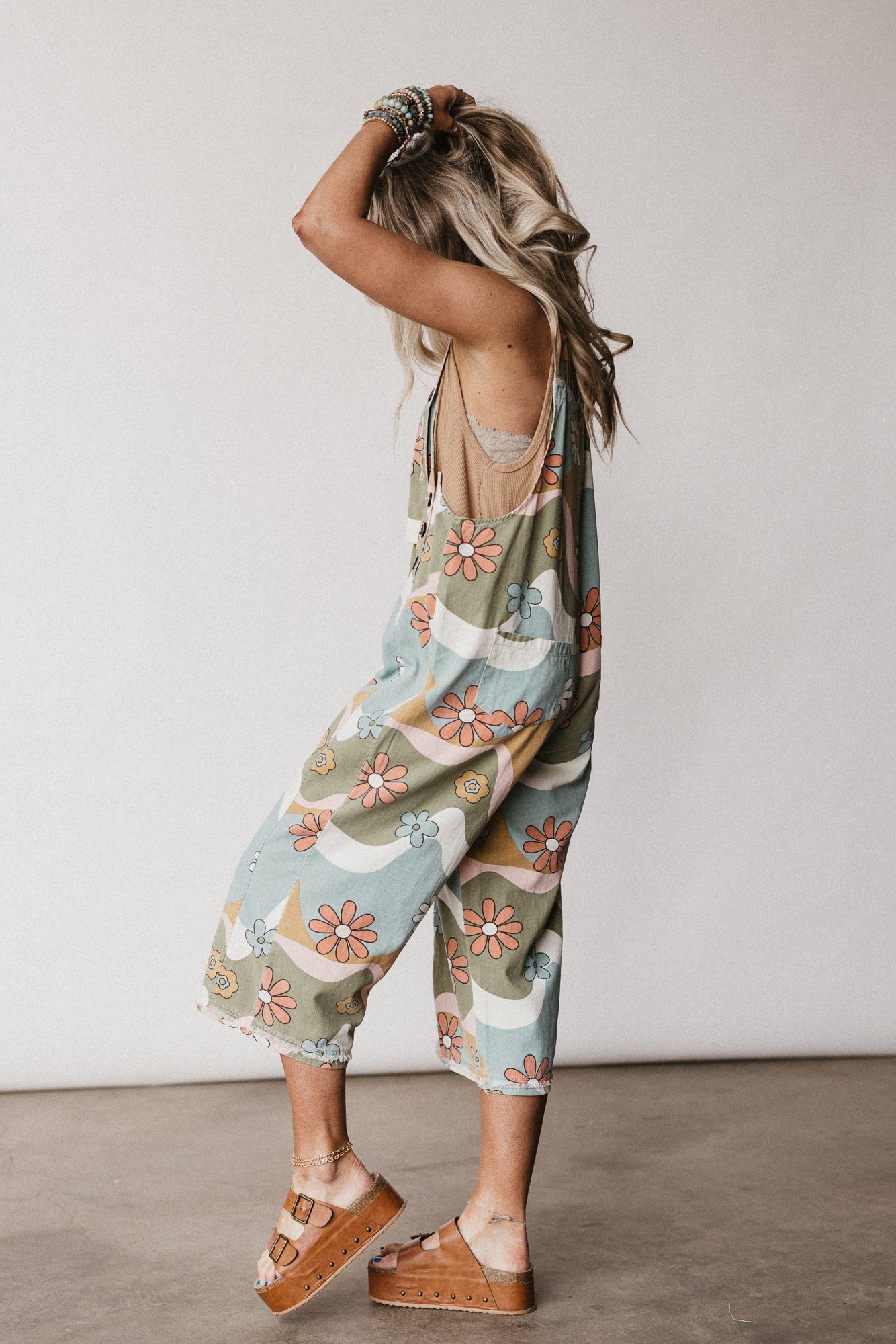 High Hopes Slouchy Denim Overalls - Olive Flower