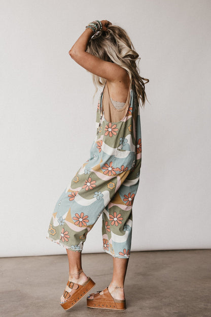High Hopes Slouchy Denim Overalls - Olive Flower
