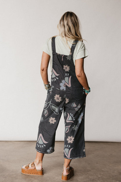 High Hopes Slouchy Pocket Denim Overalls - Black Artsy Floral