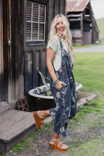 High Hopes Slouchy Pocket Denim Overalls - Black Artsy Floral
