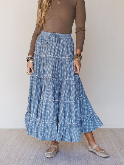 Polka Dot Darling Maxi Skirt - Denim