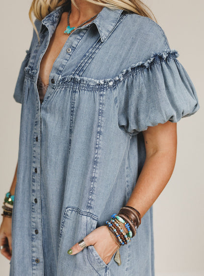 Western Muse Puff Sleeve Maxi Dress - Denim
