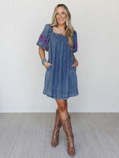 Petal Groove Dress - Washed Denim