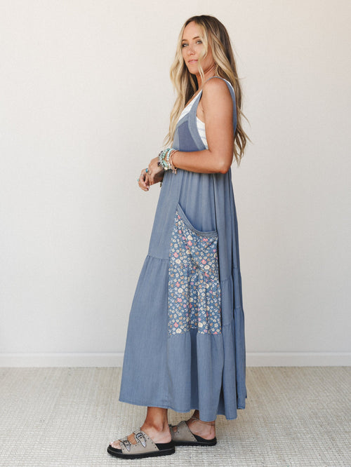 June's Flowers Maxi Dress - Washed Denim