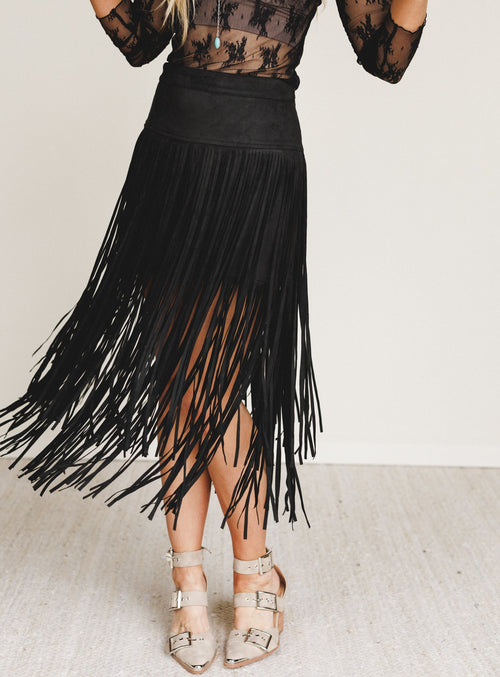 Swayed West Fringe Skirt - Black - Pre Order