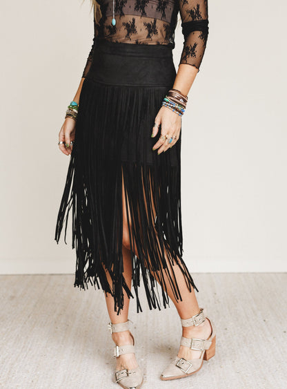 Swayed West Fringe Skirt - Black