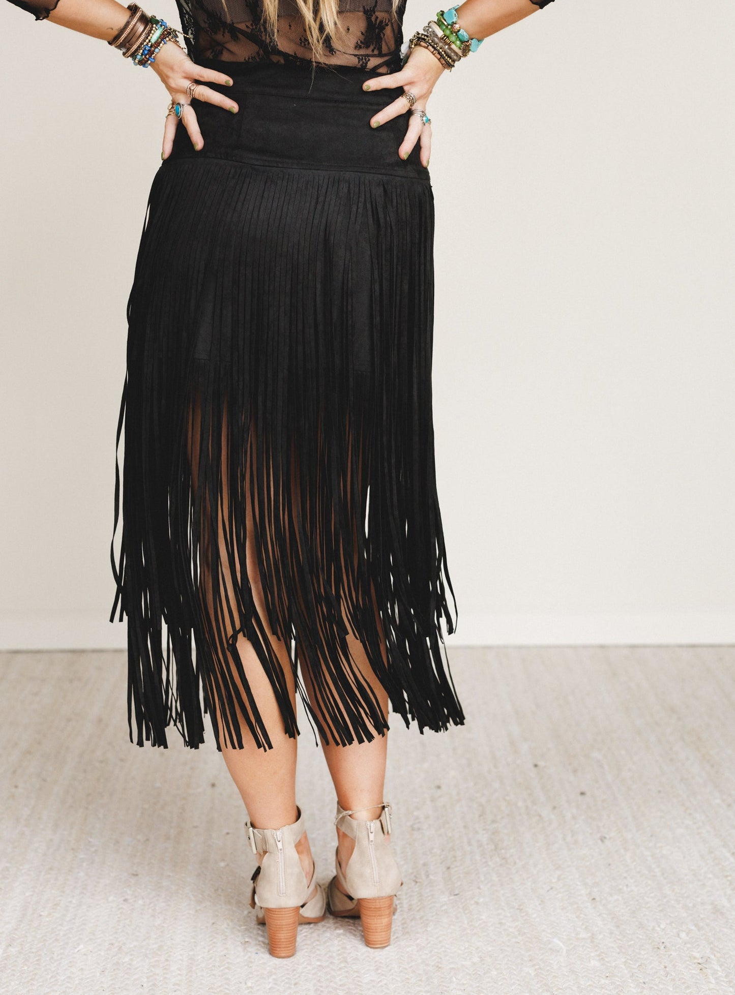 Swayed West Fringe Skirt - Black