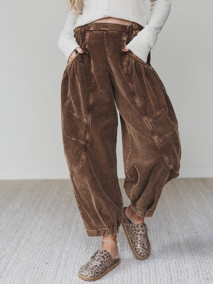 The Nest Nora Gathered Barrel Corduroy Pant - Brown
