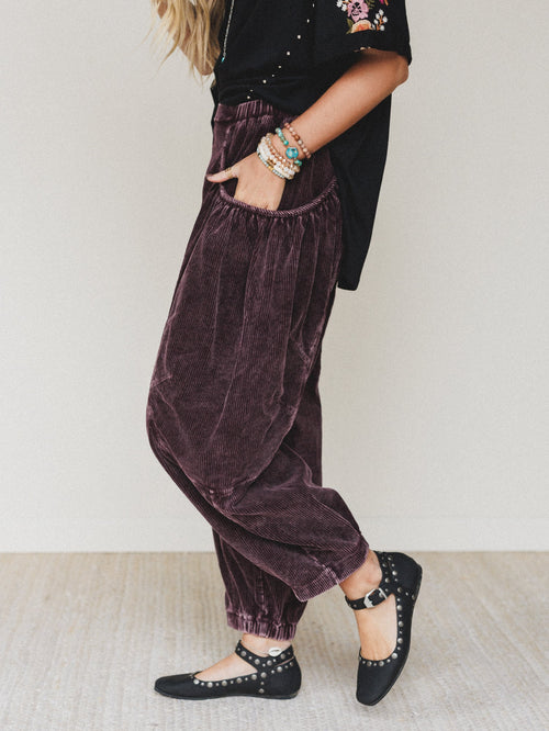 The Nest Nora Gathered Barrel Corduroy Pant - Burgundy