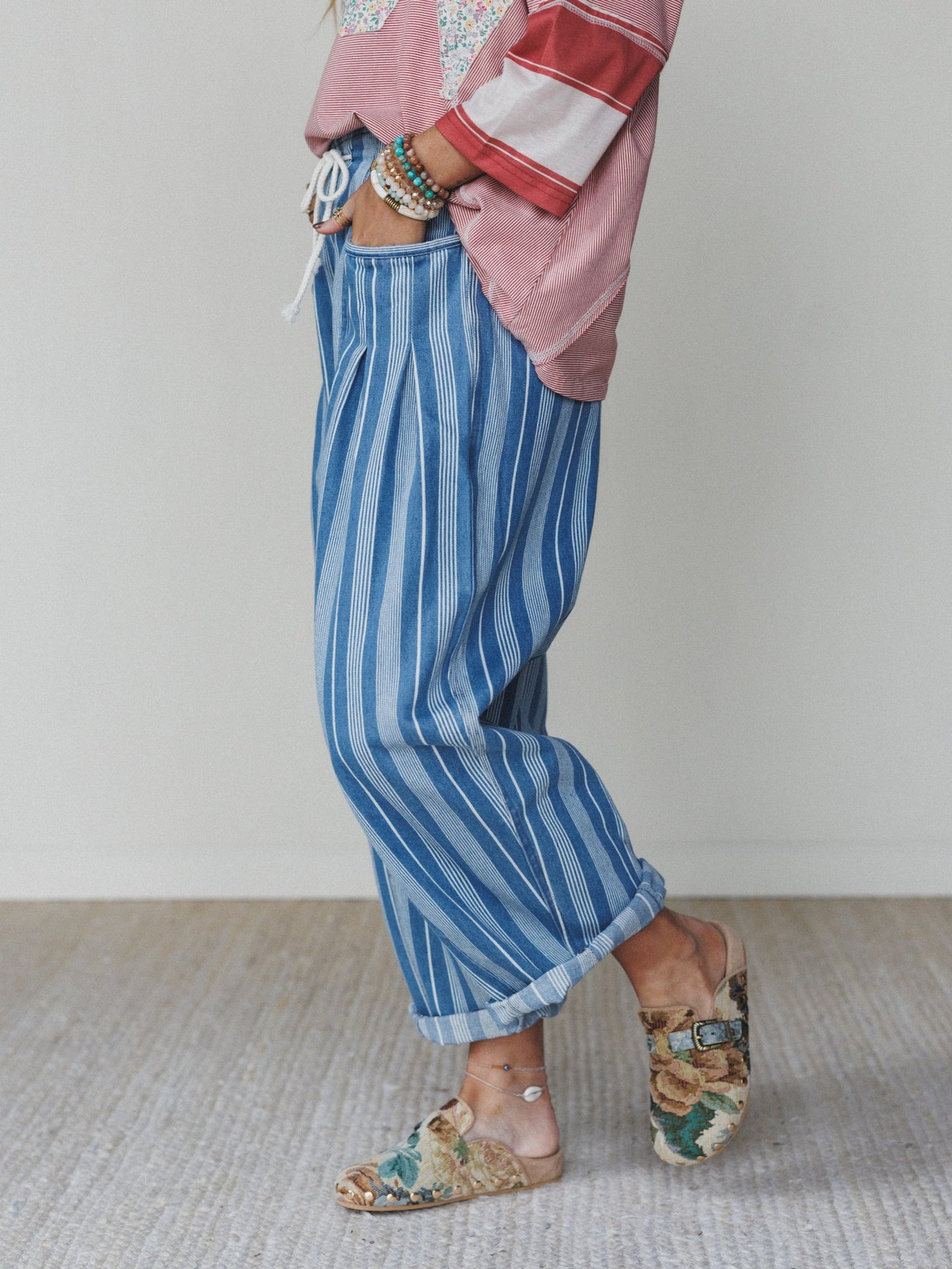 Right Step Striped Pants  - Light Denim