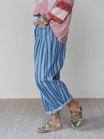 Right Step Striped Pants  - Light Denim