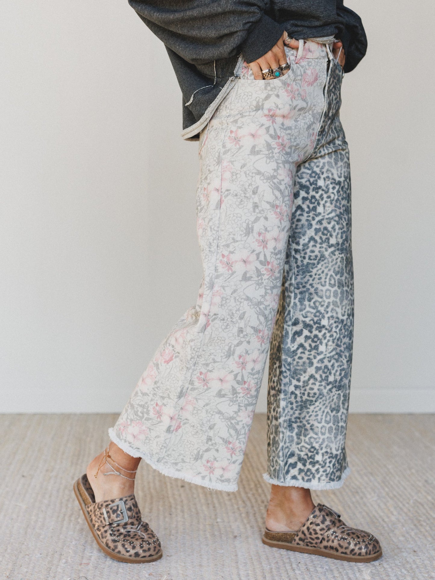 The Nest Ezra Mixed Print Wide Leg Jeans - Beige Multi