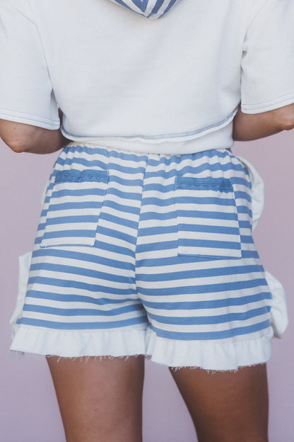 French Press Striped Ruffle Shorts - Blue