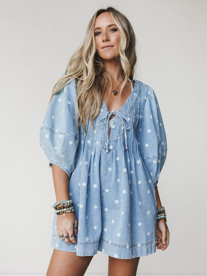 Spotted in Cuteness Denim Romper - Light Denim