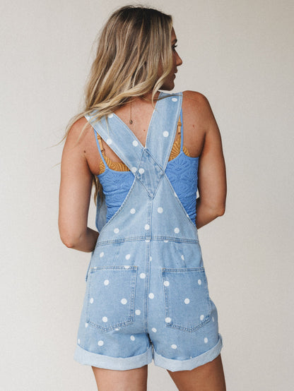 Shayla Polka Dot Short Overalls - Light Denim