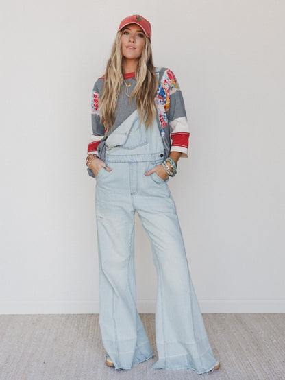 Milly Distressed Hem Wide Leg Overall - Denim