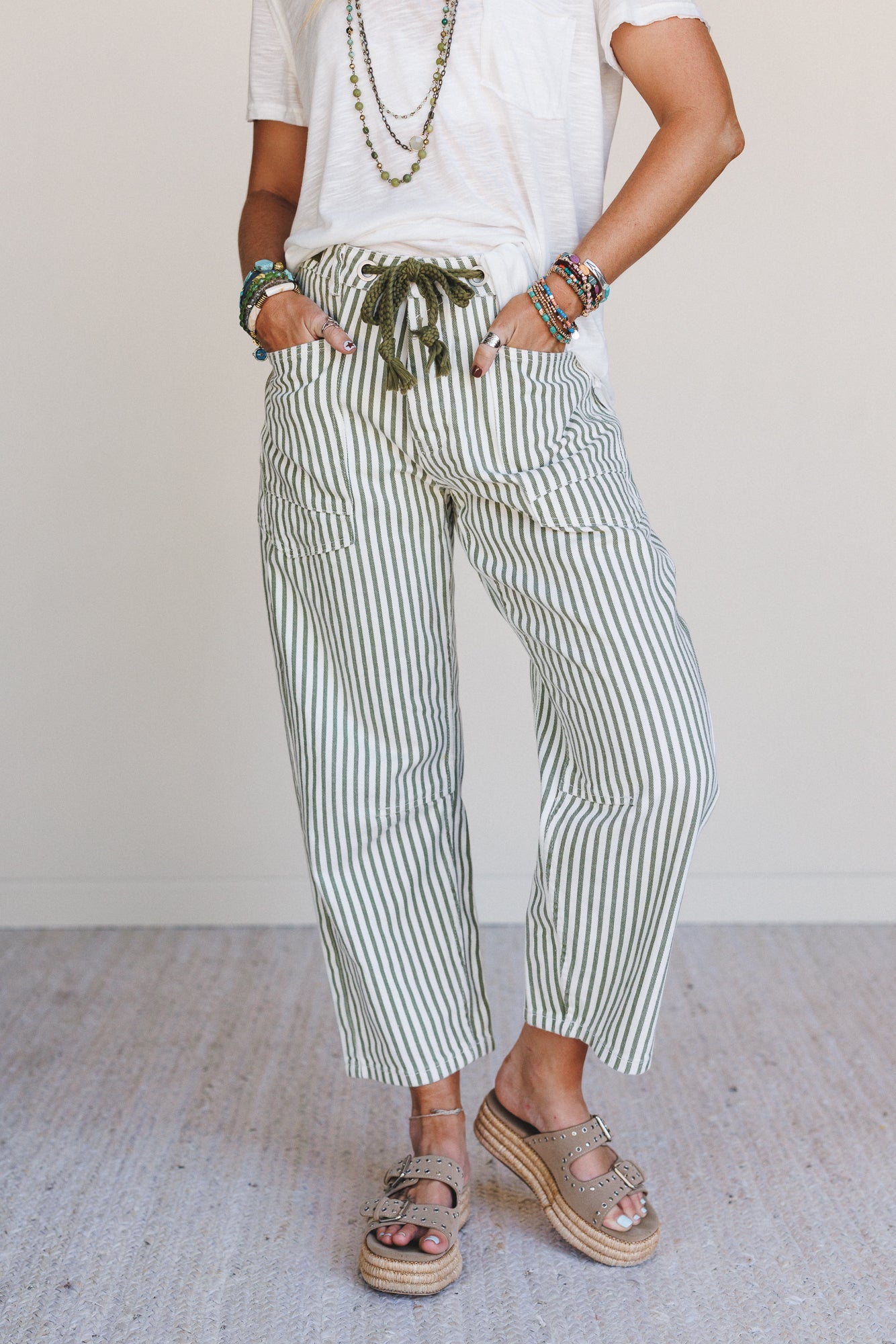 Elevated Eyelet Barrel Jeans - Olive Stripe