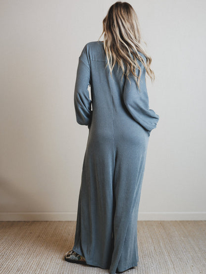 The Nest Daphne Textured Long Sleeve Jumpsuit - Seafoam