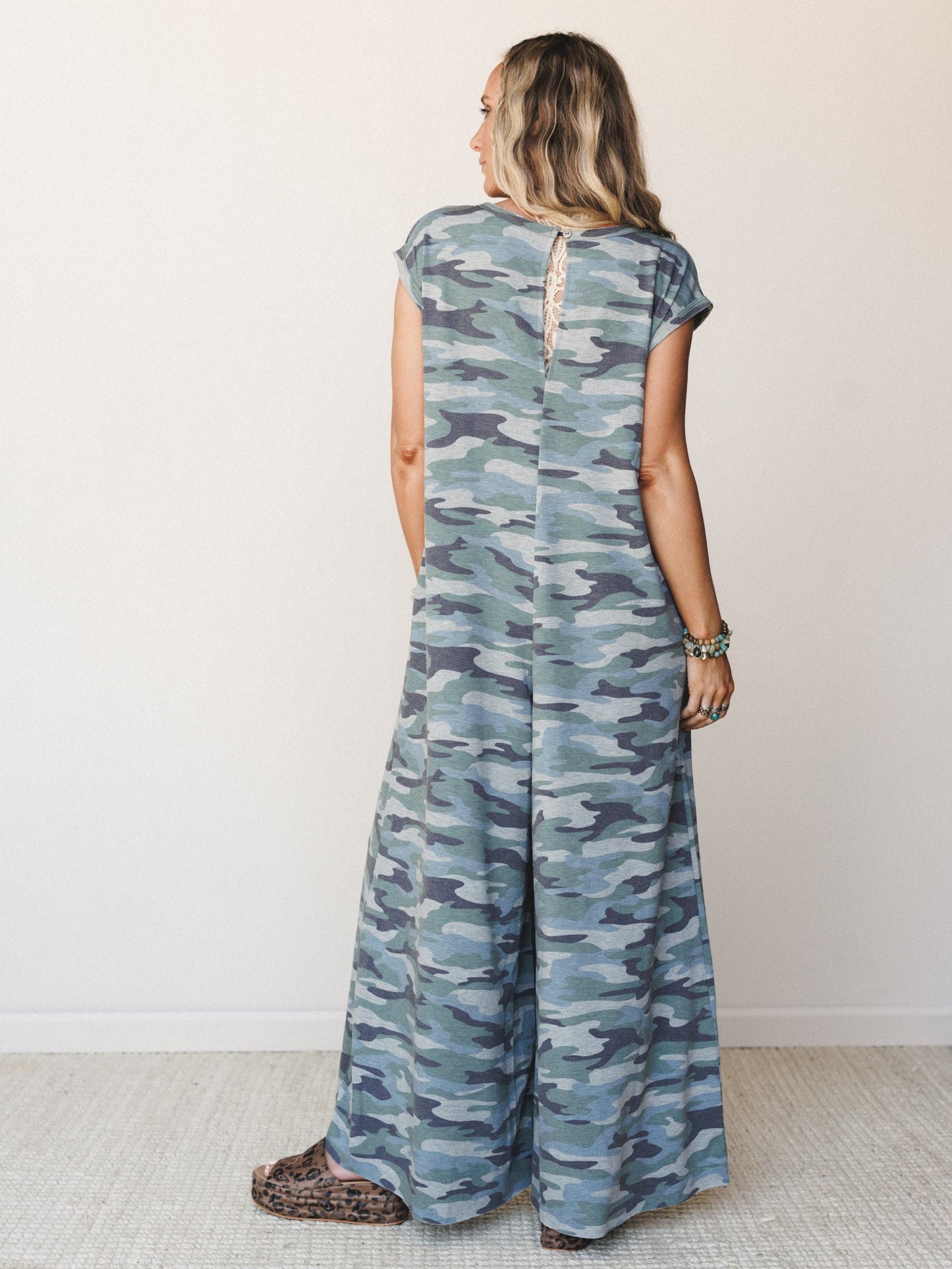The Nest Daphne Scoop Neck Jumpsuit - Army Green Charcoal Camo