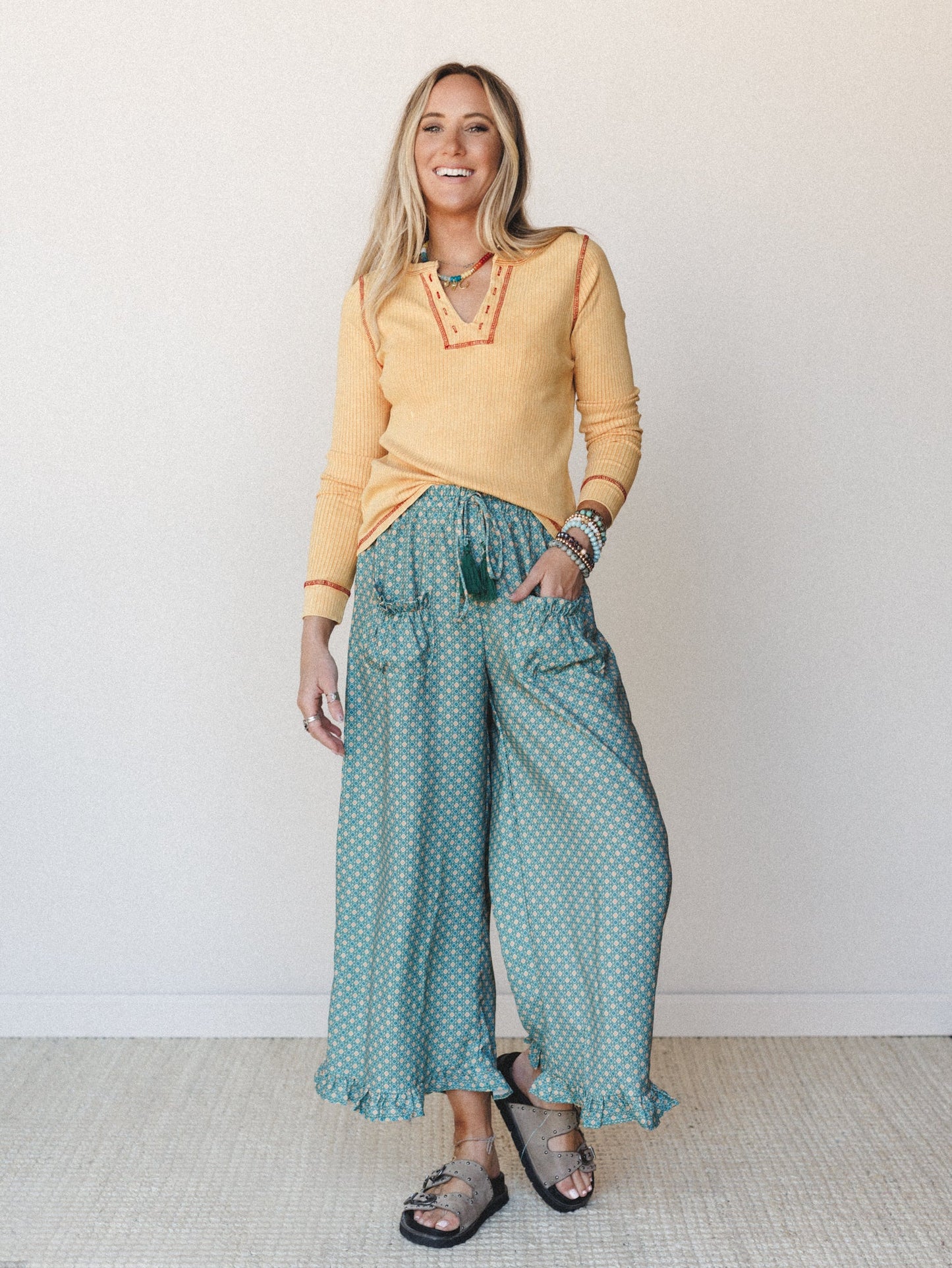 The Nest Mystic Mirage Printed Wide Leg Pants - Teal
