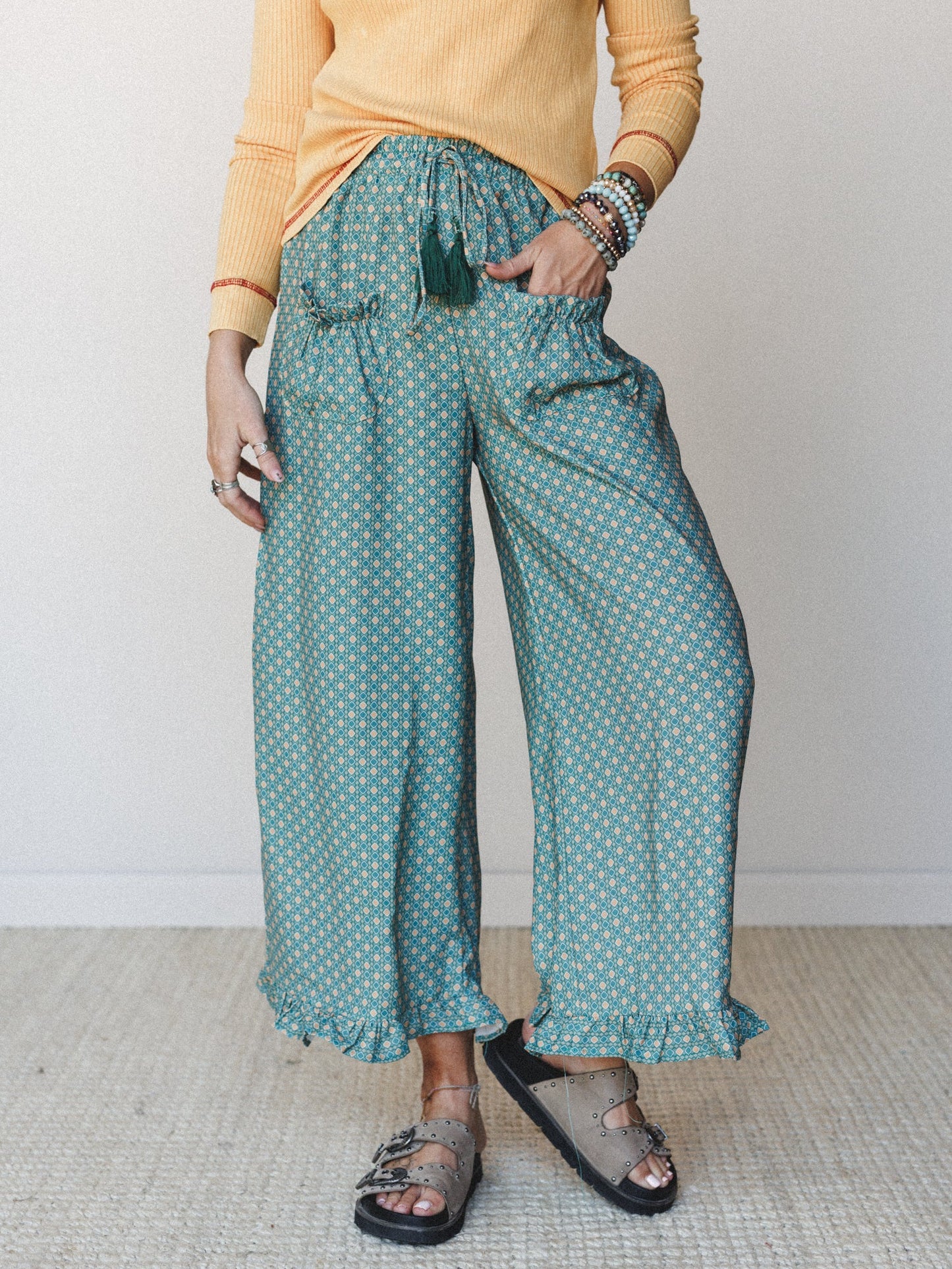 The Nest Mystic Mirage Printed Wide Leg Pants - Teal