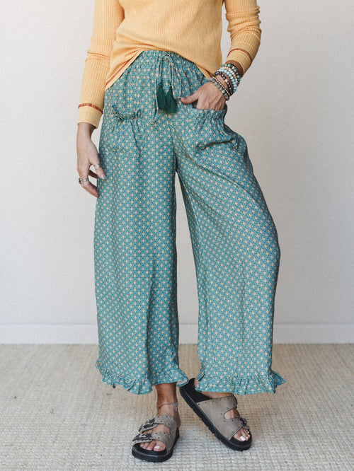 The Nest Mystic Mirage Printed Wide Leg Pants - Teal