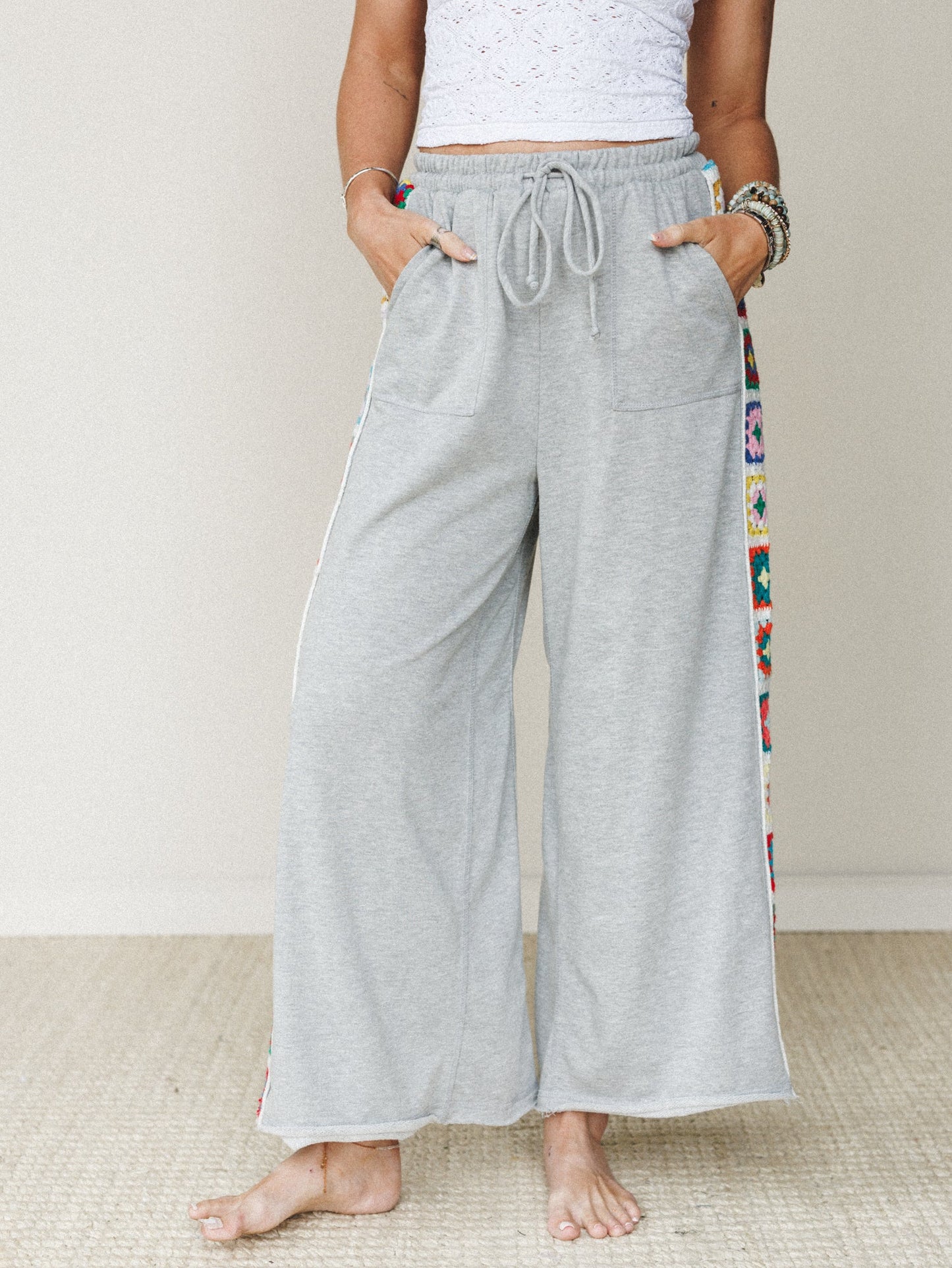 The Nest Love Seeker Crochet Panel Pants - Heather Gray