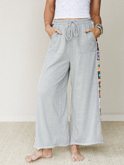 The Nest Love Seeker Crochet Panel Pants - Heather Gray