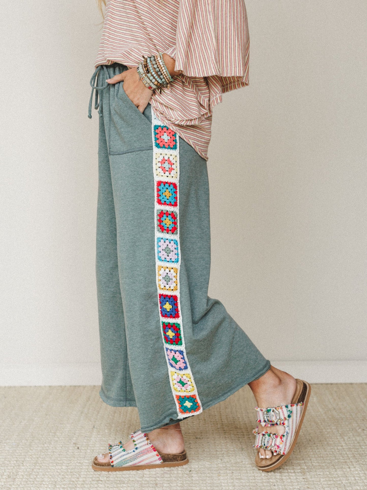The Nest Love Seeker Crochet Panel Pants - Olive